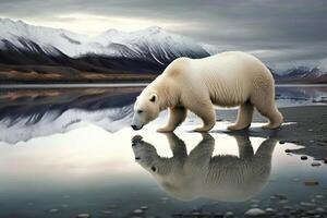 Polar bear at North Pole drinking water against backdrop of mountain. Large mammal in nature, side view. Created by Generative AI photo