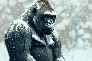 Sad tropical monkey freezing outdoors in winter. African gorilla portrait in snowfall. Wildlife and climate change, eco problem concept. Created by photo