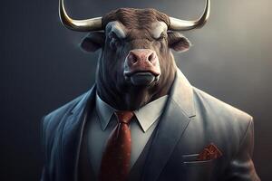 Portrait of business bull with horns wearing jacket and tie. Animal illustration created by photo