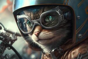 Biker cat. Portrait of fluffy cute gray pet wearing glasses and helmet riding motorcycle at fast speed. Creative funny animal illustration created by photo