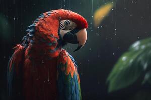 retrato de vistoso loro en selva mirando a cámara. mojado tropical exótico pájaro en lluvia en naturaleza. generativo ai ilustración foto