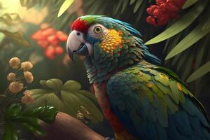 Portrait of beautiful colored tropical parrot sitting on branch outdoors on sunny day. Exotic bird in jungle looking at camera. photo