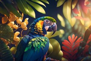 Portrait of beautiful colorful exotic parrot in jungle looking at camera. Tropical exotic bird in nature on sunny day. photo