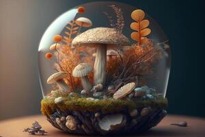 Close-up of mushrooms growing in glass sphere indoors. photo