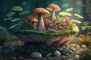 Cute mushrooms on an island in forest, close-up. illustration photo