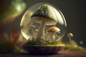 Close-up of green mushrooms growing in a glass sphere. photo