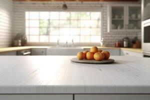 A kitchen with a white table and a window with the sun shining through it, photo