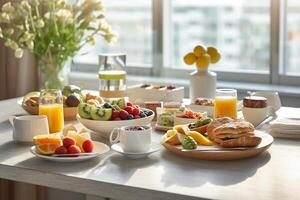 A table full of breakfast foods including fruit, juices, and juices, photo