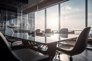 Close up of conference room with the table, armchairs and a large window. photo