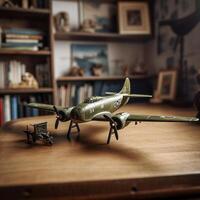 a photo of a toy second world war plane flying in kid room, miniature faking,