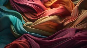 Abstract background with colorful drapery of silk or satin textile with flowing folds. Elegant curve curtains material modern wallpaper. Horizontal illustration for banner design. . photo