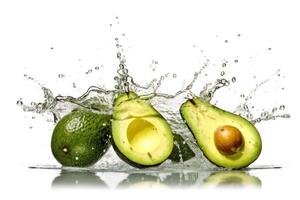 stock photo of water splash with avocados slice isolated food photography