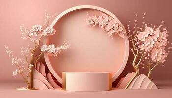 3d fondo, rosado podio mostrar. sakura rosado flor árbol rama con marco. cosmético o belleza producto promoción paso floral pedestal. foto