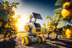 Solar-Powered Robot Harvesting Fruits on a Futuristic Farm with photo