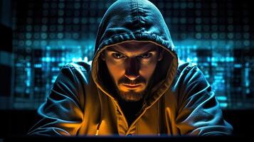 Hacker Man in Hoodie on Blue Digital Background. Internet, Cyber Crime, Cyber Attack, System, Game, Breaking and Malware Concept. Futuristic Holographic Interface to Display Data. . photo