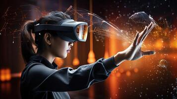 Young Woman Using Advanced Technology as a VR Headset for Intelligent Automation and Smart Manufacturing, Emerging Technologies for the Future of Industry and Business, . photo