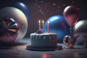 festivo contento cumpleaños pastel con un vela y decoraciones globos, generativo ai foto