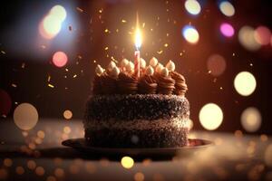 Festive happy birthday cake with a candle and decorations, photo