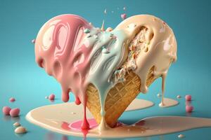 Illustration of ice cream on a pastel background in the shape of a heart, photo