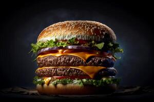 Big hamburger with a lot of cheese and lettuce on it on dark background, photo
