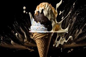 Illustration of splash of ice cream scoop on waffle cone. Dark background, photo