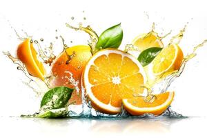 Fruit splashing of juice with orange with a splash of water on white background, photo