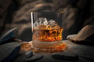 vaso de whisky con hielo en el rocas, generativo ai foto