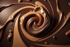 Chocolate swirl background, brown and white melted chocolate flowing, cocoa, photo