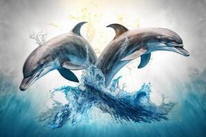 Two Dolphin jumping out of the ocean waves, photo