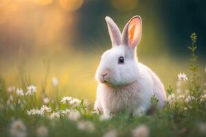 Baby rabbit in spring green grass with flowers. photo