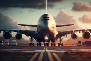 Big cargo or commercial airplane taking off from the airport runway, photo