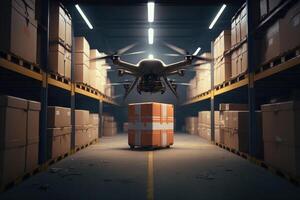 Concept drone artificial Intelligence,autonomous Robot in warehouse logistic with cardboard box, photo