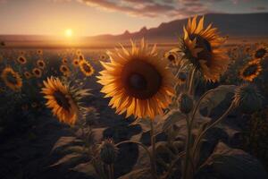 Field of sunflowers at sunset, evening landscape. photo