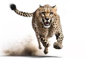 Cheetah running on camera isolated on white background.. photo