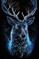 Magic frost deer with blue eyes on black background. photo