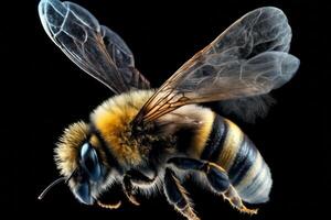 Flying bee isolated on black background. photo