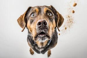 un perro y comida en un blanco antecedentes. generativo ai foto