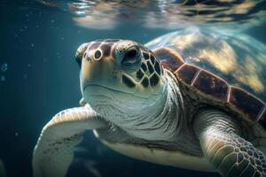 cerca salvaje Tortuga flotante terminado hermosa natural Oceano fondo, con luz de sol mediante agua superficie, generativo ai foto