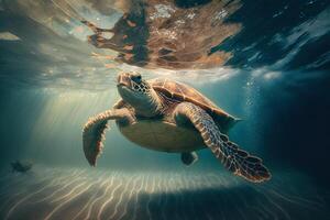 Close wild turtle floating over beautiful natural ocean background, with sunlight through water surface, photo