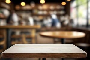 This stunning coffee shop photograph featuring a cozy shelf and table setup, perfect for a cafe or restaurant decor. The bokeh effect in the background adds a touch of magic to the scene photo