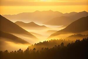 Misty mountain landscape during a sunrise. photo