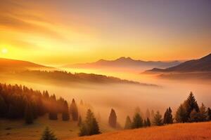 Misty mountain landscape during a sunrise. photo