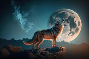 lobo en pie en colina y clamoroso a el lleno luna, generativo ai foto