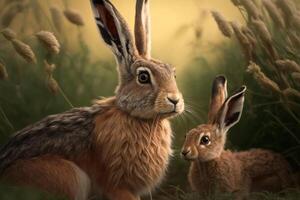 Hare with cub in natural habitat. Generative AI photo