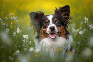 Baby dog in spring green grass with flowers. photo