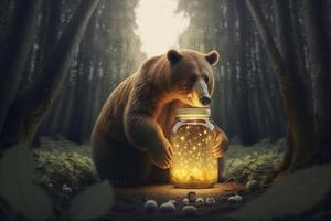 Big brown bear with a jar of honey in the middle of the forest. photo