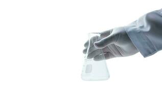 hand scientist wearing rubber gloves and hold Erlenmeyer flask isolated on white photo