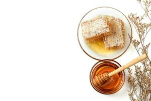 Honeycomb on dish with honey dipper and dry flower isolated on white. photo