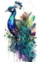 Illustration peacock in watercolor. Animal on a white background, photo