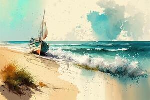 Marine natural landscape, boat on sea or ocean. watercolor illustration photo